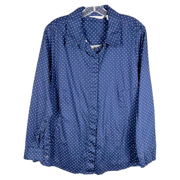 Isaac Mizrahi Live Plus Size 14 Top Button Down Blouse Polka Dot Blue White 1256 - Picture 8 of 8